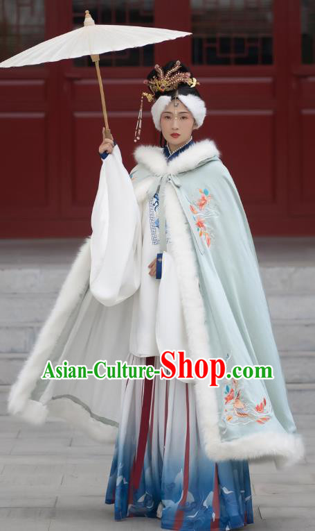 Chinese Ancient Women Clothing Traditional Hanfu Dress Ming Dynasty Countess Embroidered Light Green Long Wool Cape