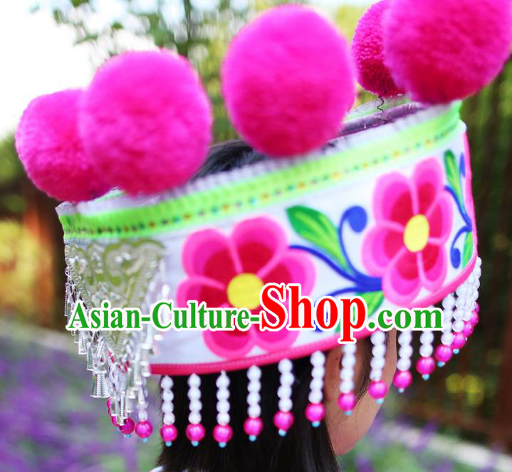 Chinese Ethnic Women Beads Tassel Headwear Traditional Yunnan Yi Nationality Embroidered Silver Hat