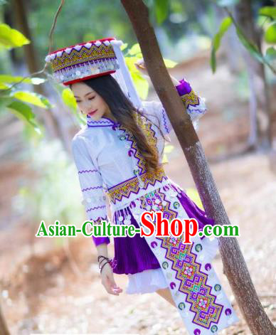 Top Quality Yao Minority White Blouse and Short Skirt Women Dance Clothing China Yunnan Ethnic Costumes with Hat