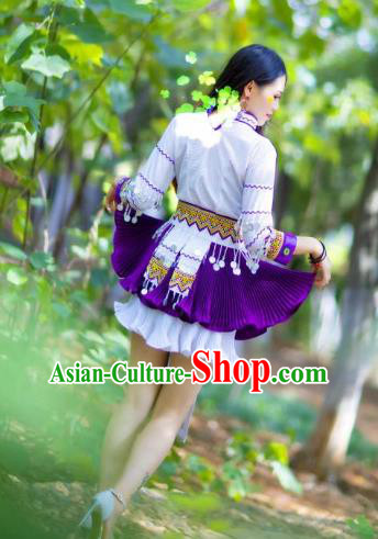 Top Quality Yao Minority White Blouse and Short Skirt Women Dance Clothing China Yunnan Ethnic Costumes with Hat