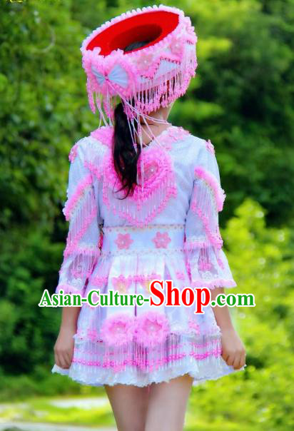China Ethnic Women Pink Beads Tassel Blouse and Short Skirt Folk Dance Clothing Miao Nationality Fashion Costumes with Hat
