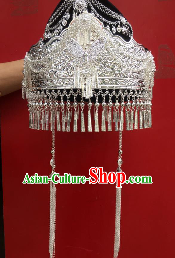 Chinese Traditional Minority Headwear Nationality Bride Headdress Miao Ethnic Wedding Argent Butterfly Hat