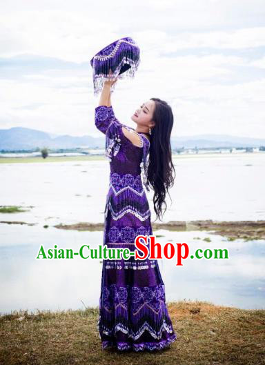 Top Quality Ethnic Fashion China Folk Dance Purple Dress Guizhou Miao Nationality Photography Clothing with Hat