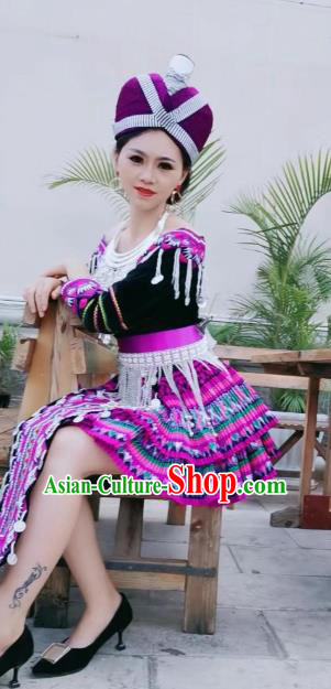 China Yunnan Minority Dance Dress Yi Ethnic Nationality Female Embroidered Costumes and Hat