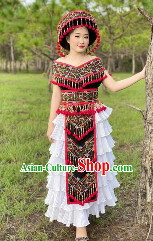 China Yunnan Yi Minority Women Dress Ethnic Nationality Stage Performance Embroidered Costumes and Headwear