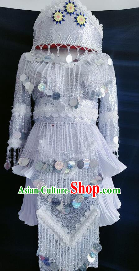 China Ethnic Argent Sequins Clothing and Headwear Minority Women Clothing Miao Nationality Folk Dance Costumes