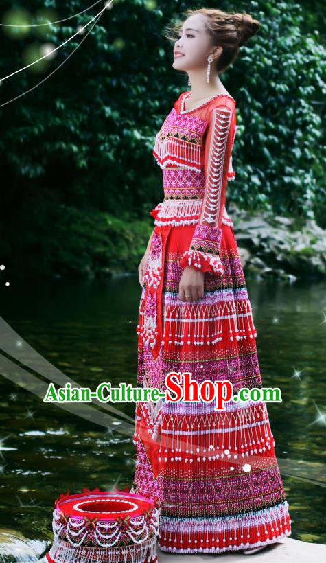 Guizhou Minority Folk Dance Red Long Dress Traditional Wedding Women Costumes China Miao Ethnic Bride Apparels and Hat