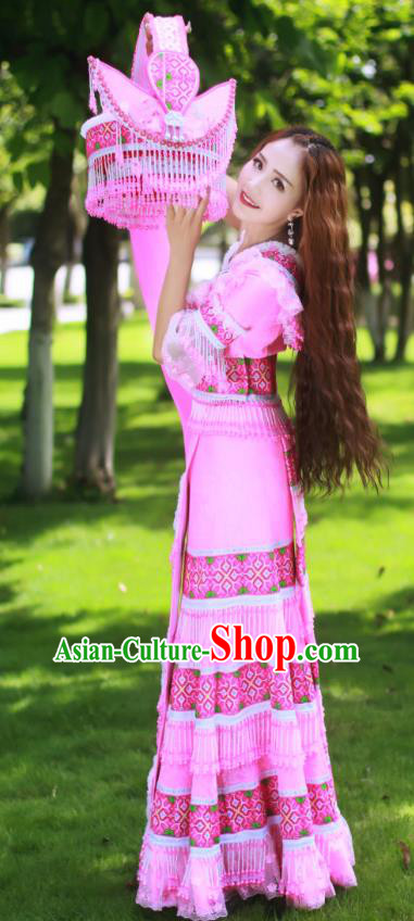 Top Quality Guizhou Minority Ethnic Wedding Costumes Festival Celebration Dance Clothing China Yao National Bride Pink Dress Apparels and Hat