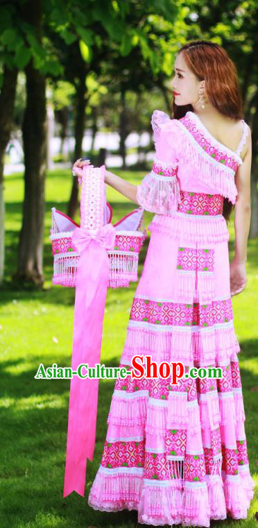 Top Quality Guizhou Minority Ethnic Wedding Costumes Festival Celebration Dance Clothing China Yao National Bride Pink Dress Apparels and Hat