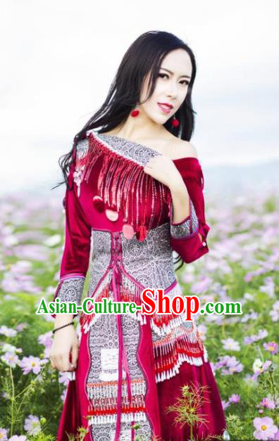Guangxi Ethnic Women Apparels Minority Wedding Costumes China Nationality Wine Red Dress and Hat