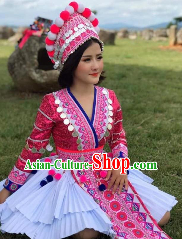 China Yi Minority Rosy Blouse and Skirt Ethnic Nationality Stage Performance Costumes Women Clothing and Headwear