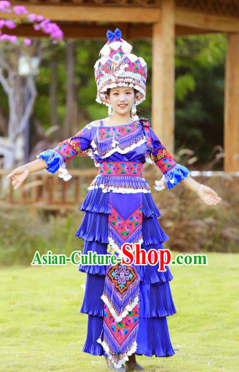 China Miao Ethnic Celebration Costume Traditional Clothing Miao Minority Nationality One Shoulder Royalblue Dress with Hat