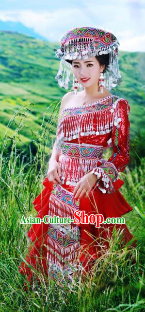 China Tujia Ethnic Festival Women Red Dress Folk Dance Costumes Guizhou Minority Celebration Clothing and Hat