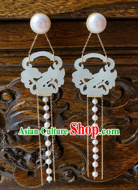 Top Grade Chinese Handmade Pearls Tassel Ear Jewelry Classical Jade Earrings Traditional Accessories