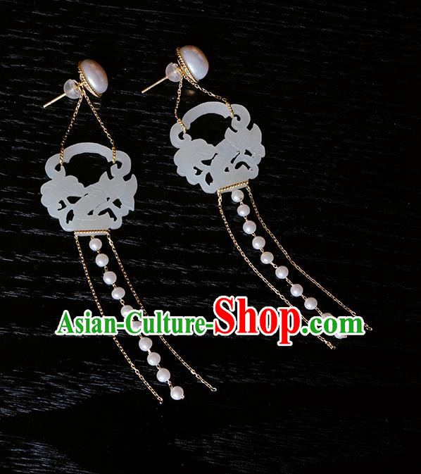 Top Grade Chinese Handmade Pearls Tassel Ear Jewelry Classical Jade Earrings Traditional Accessories