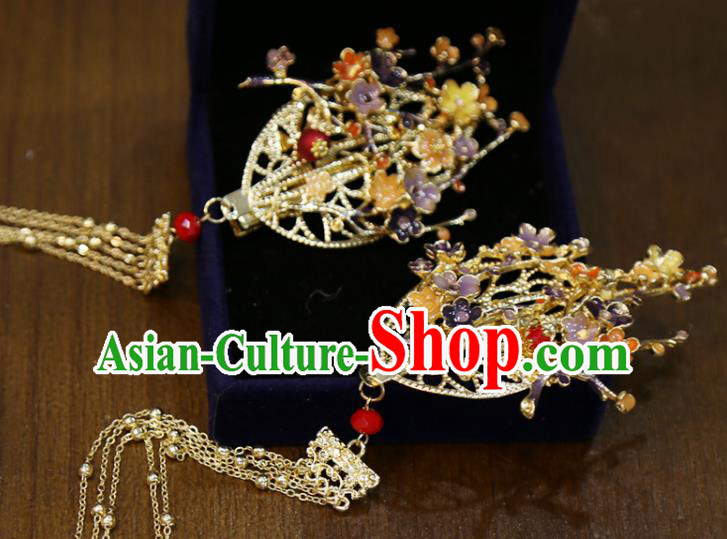 Chinese Classical Golden Tassel Hair Sticks Hair Accessories Traditional Wedding Plum Blossom Hairpins