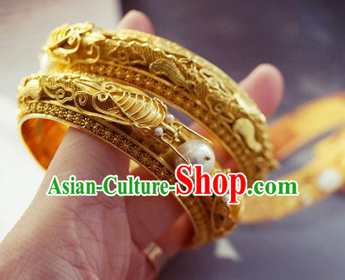 Chinese Traditional Carving Dragon Bangle Accessories Handmade Qing Dynasty Court Golden Bracelet Jewelry