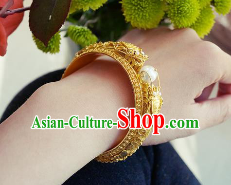 Chinese Traditional Carving Dragon Bangle Accessories Handmade Qing Dynasty Court Golden Bracelet Jewelry