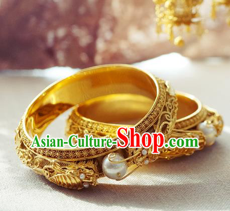 Chinese Traditional Carving Dragon Bangle Accessories Handmade Qing Dynasty Court Golden Bracelet Jewelry