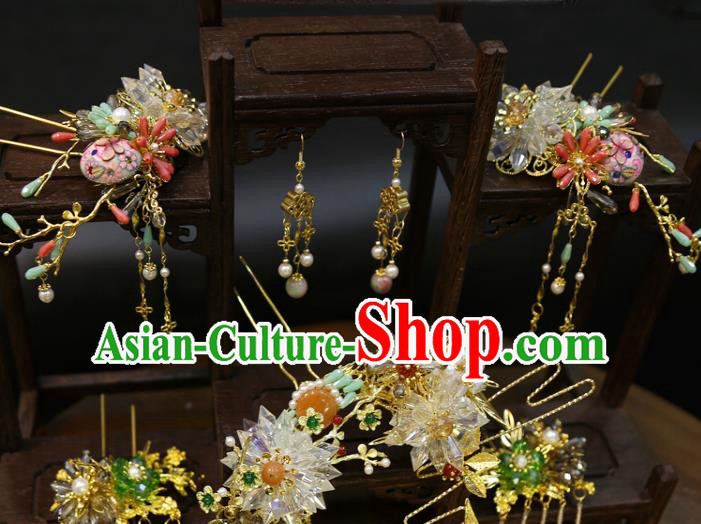 Chinese Wedding Hair Crown Classical Hair Accessories Traditional Tassel Hairpins Full Set