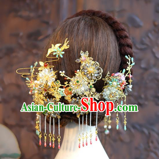 Chinese Wedding Hair Crown Classical Hair Accessories Traditional Tassel Hairpins Full Set