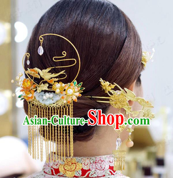 Chinese Wedding Golden Tassel Jade Hair Crown Classical Hair Accessories Traditional Xiuhe Suit Hairpins Full Set