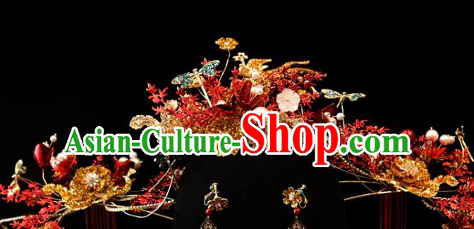 Chinese Traditional Wedding Red Hair Crown and Phoenix Hairpins Bride Xiuhe Suit Hair Accessories Complete Set