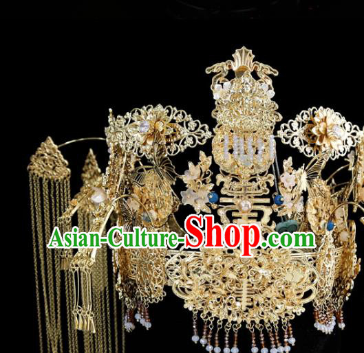 Chinese Traditional Wedding Hair Crown Bride Hair Accessories Xiuhe Suit Golden Phoenix Coronet Complete Set