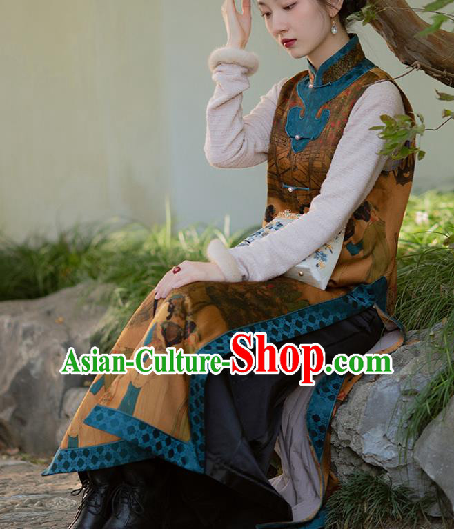 Chinese Traditional Costume Brown Silk Qipao Dress Printing Vest Cheongsam