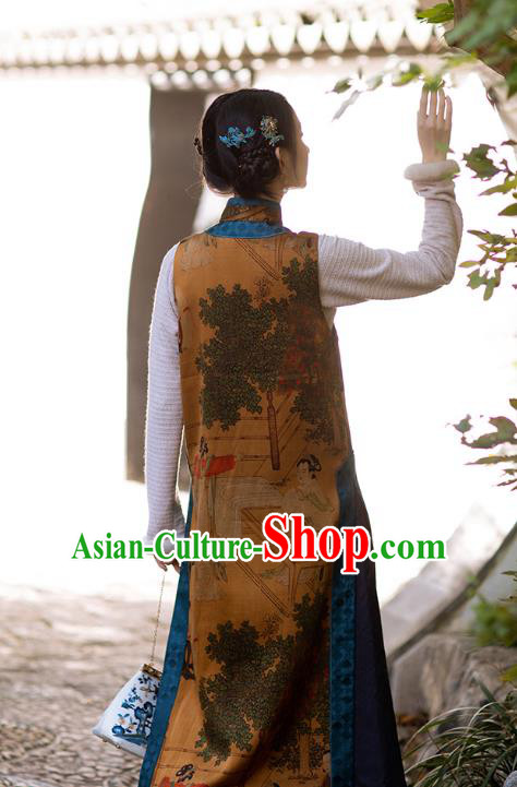 Chinese Traditional Costume Brown Silk Qipao Dress Printing Vest Cheongsam