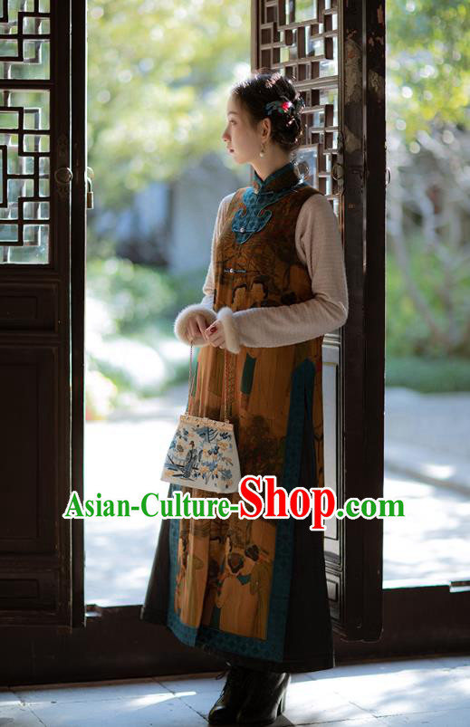 Chinese Traditional Costume Brown Silk Qipao Dress Printing Vest Cheongsam