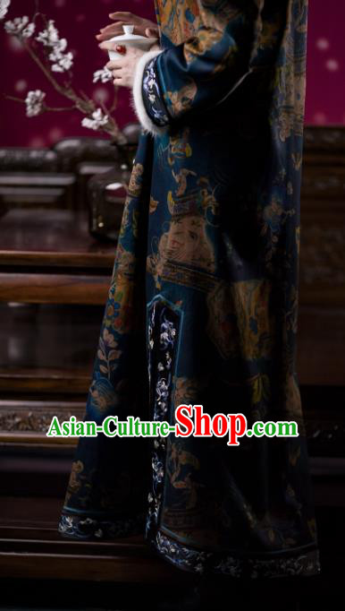 Chinese Traditional Qipao Dress Qing Dynasty Costume Winter Deep Blue Silk Cheongsam