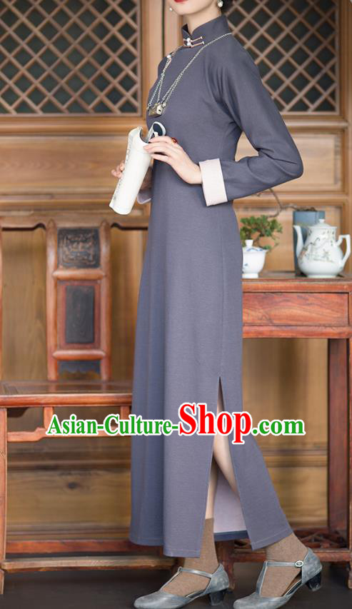 Chinese Classical Qipao Dress Traditional Women Costume Grey Cheongsam