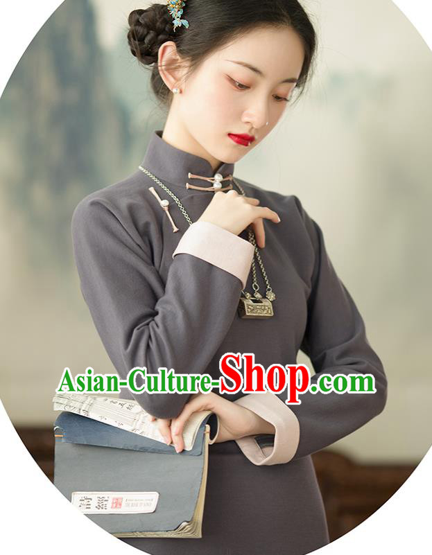 Chinese Classical Qipao Dress Traditional Women Costume Grey Cheongsam