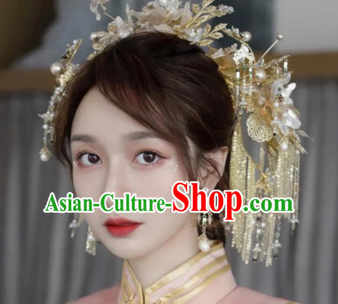 Chinese Golden Hair Crown Xiuhe Suit Phoenix Coronet Traditional Wedding Hair Accessories Full Set