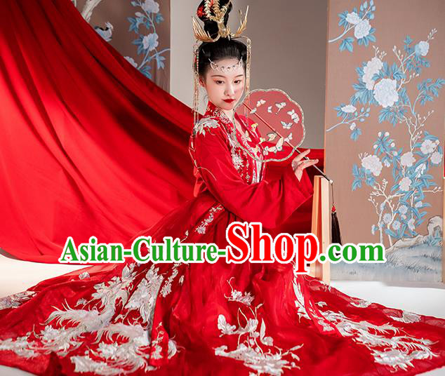 Traditional China Ancient Royal Princess Embroidered Red Costumes Tang Dynasty Wedding Clothing Complete Set