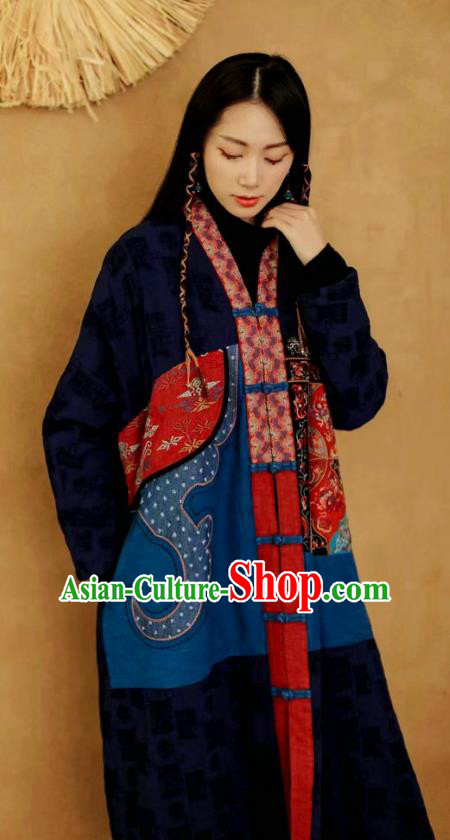China National Women Dust Coat Traditional Embroidered Costume Tang Suit Navy Flax Overcoat