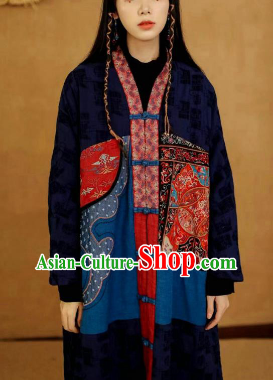 China National Women Dust Coat Traditional Embroidered Costume Tang Suit Navy Flax Overcoat