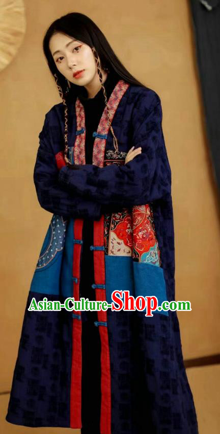 China National Women Dust Coat Traditional Embroidered Costume Tang Suit Navy Flax Overcoat