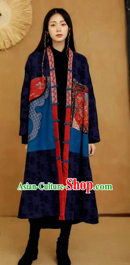 China National Women Dust Coat Traditional Embroidered Costume Tang Suit Navy Flax Overcoat