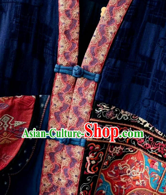 China National Women Dust Coat Traditional Embroidered Costume Tang Suit Navy Flax Overcoat