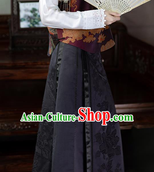 Chinese National Skirt Traditional Costume Noble Woman Black Satin Bust Skirt