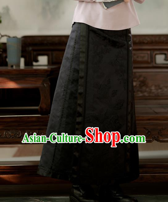 Chinese National Skirt Traditional Costume Noble Woman Black Satin Bust Skirt