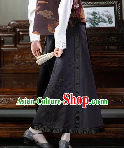 Chinese National Skirt Traditional Costume Noble Woman Black Satin Bust Skirt