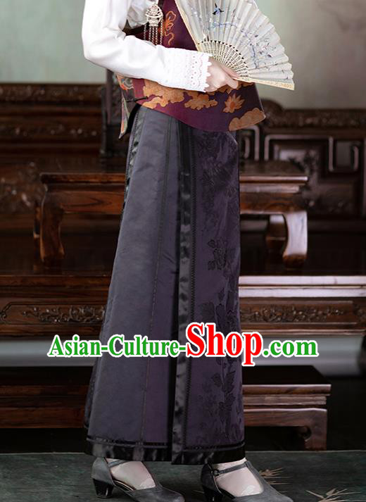 Chinese National Skirt Traditional Costume Noble Woman Black Satin Bust Skirt