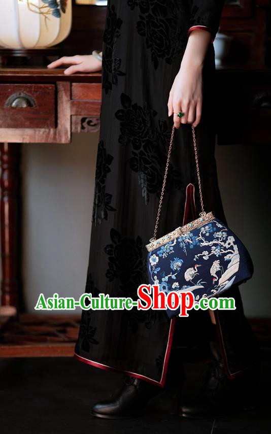 Chinese National Women Cheongsam Traditional Costume Classical Black Velvet Qipao Dress