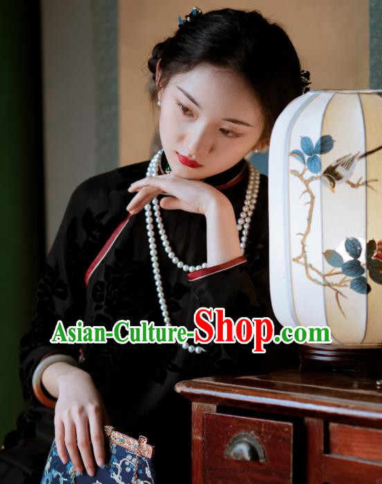 Chinese National Women Cheongsam Traditional Costume Classical Black Velvet Qipao Dress