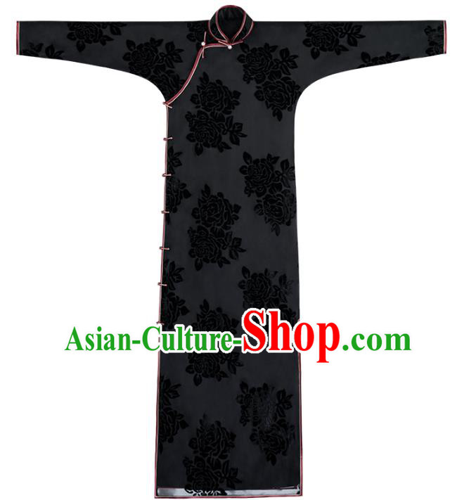 Chinese National Women Cheongsam Traditional Costume Classical Black Velvet Qipao Dress