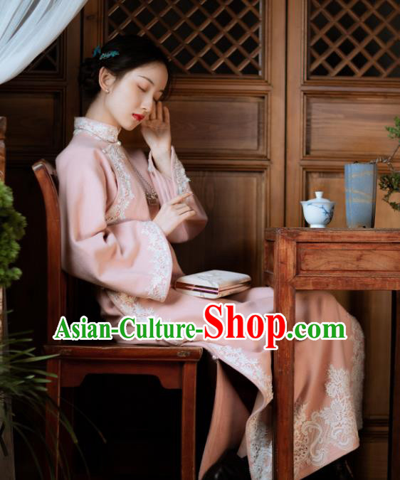 Chinese Classical Qipao Dress National Women Embroidered Pink Woolen Cheongsam Traditional Costume