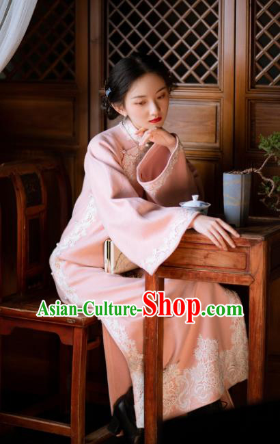 Chinese Classical Qipao Dress National Women Embroidered Pink Woolen Cheongsam Traditional Costume